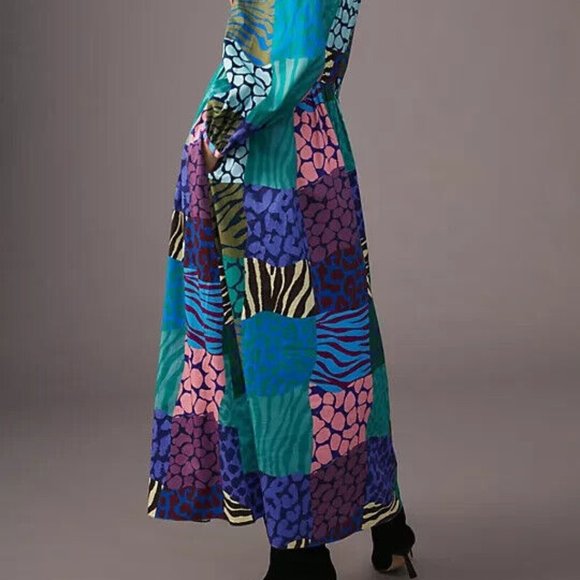 Anthropologie Geisha Designs M NWT Patchwork Maxi Dress Animal Print Long Sleeve - Picture 5 of 8